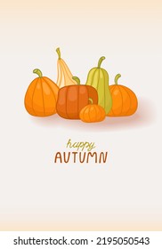 Vector autumn card with pumpkins and inscription. Template for design, print and greeting card.