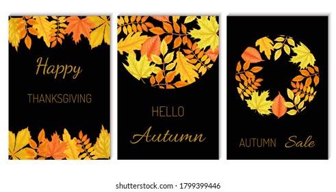 Colección de plantillas de tarjetas de otoño con hojas amarillas y rojas. Roble, arce, rowan, castaño de caballo sobre fondo negro