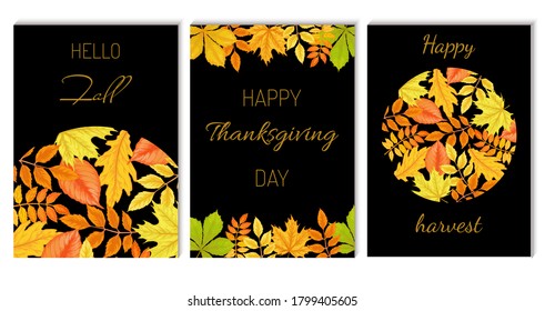 Vector autumn card template collection with yellow and red leaves. Oak, maple, rowan, horse chestnut on black background