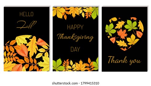 Colección de plantillas de tarjetas de otoño con hojas amarillas y rojas. Roble, arce, rowan, castaño de caballo sobre fondo negro