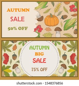 Vector autumn card template. Holiday hand drawn illustration with different objects symbolizing the season