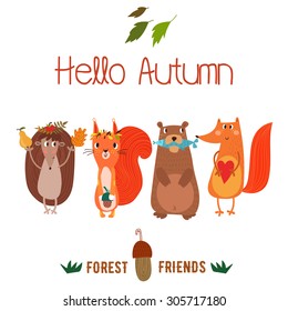 Vector autumn card with wreath from leaves and acorns. Vintage autumn card with cute  hedgehog,squirrel,bear,fox and text "Hello autumn". -stock vector