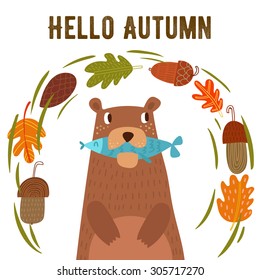 Vector autumn card with wreath from leaves and acorns. Vintage autumn card with cute bearl and text "Hello autumn". -stock vector