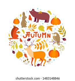 Vector Autumn cartoon characters, plants and leaves. Fall season. Forest animals. Collection for design and Autunm decoration