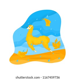 Vector autumn cartoon illustration of a jumping lama under the rain with yellowed maple and oak leaves.