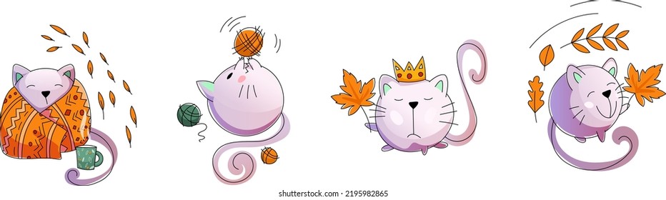 Vector autumn cats. Round cat-ball. The cat is wrapped in a blanket, drinking hot tea. Plays with a ball of thread. The cat is holding an autumn leaf.