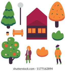 Vector autumn city design objects set. Female characters in outdoor clothing - coats, orange foliage tree, spruce, fir tree and abstract fruit tree, private house, bench with streetlight and bush.