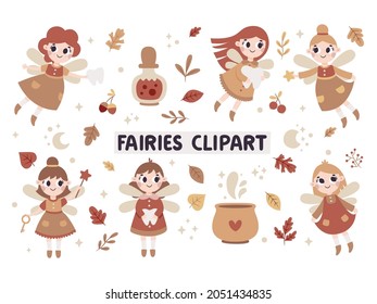 Сute vector autumn clipart, magical fairy-tale set with tooth fairy, fabulous fairies characters, magic pot, bottle, autumn leaves, berries, branches, plants, bubble, wings, stars