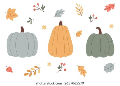 Clipart de otoño de Vector con calabazas y hojas acogedora ilustración de temporada para tarjetas de otoño, embalaje y decoración de Acción de Gracias.