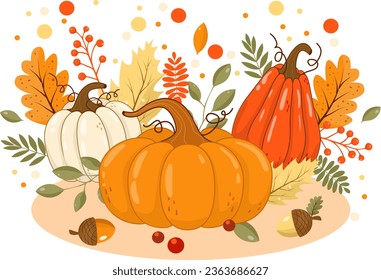 Vector autumn clipart of three pumpkins of different colors and sizes, composition with leaves and splashes of paint