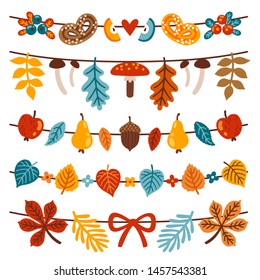 Colección vectorial de 5 guirnaldas con hojas caídas, champiñones, bayas, frutas. Conjunto de bordes otoñales hechos de elementos florales estacionales. Las decoraciones botánicas de otoño están aisladas en blanco.