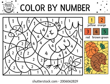 Vector autumn color by number activity with sleeping bird, pumpkin, leaves. Fall, Thanksgiving Day or forest coloring and counting game with cute character. Funny coloration page for kids. 
