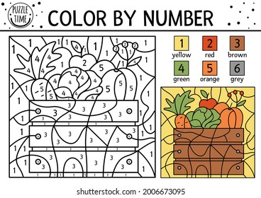 Vector Autumn Color By Number Activity With Harvest In Wooden Box. Fall, Thanksgiving Day Or Garden Coloring And Counting Game With Vegetables. Funny Coloration Page For Kids. 
