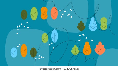 Vector autumn color forest set. Various trees and bushes colorful wood cartoons flat style. Different simple trees and shrubs on blue background.