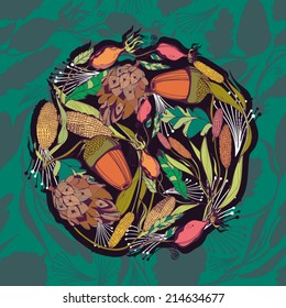 Vector autumn colorful cycle with beautiful bright leaves, plants and acorns. Bright illustration, can be used as greeting card birthday and other holiday and cute autumn background.