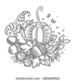 Composición vectorial de otoño en estilo doodle. Floral, ornamentado, decorativo, elementos de diseño. Fondo monocromo blanco y negro. Calabaza con robles, bayas y hojas. página del libro de coloreado