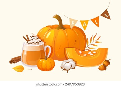 Vector autumn composition with whole and slice pumpkins, yummy warm drink, cinnamon sticks, fall leaves, decorative garland, dry cotton flower and acorns.