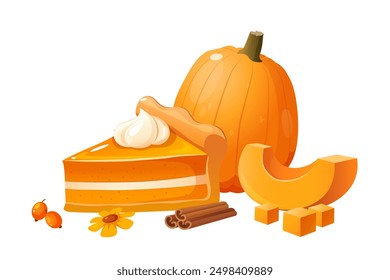 Composición de otoño de Vector con calabaza entera y en rodajas, delicioso pastel de calabaza con nata, palos de canela, bayas y flor de otoño aislados sobre fondo blanco.
