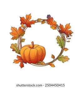 Vector autumn composition of wreath. Illustration of pumpkin and leaves of oak and maple. Frame template isolated on white background for invitations, design, decoration, postcards.