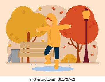 Vector autumn concept. A girl dressed in a raincoat is jumping through the puddles in the autumn colorful park. Autumn entertainment. Can be used for website and web banner.