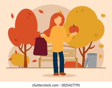 Vector autumn concept. A girl stands and holds a pumpkin and a bag with purchases in her hands. Autumn shopping. Can be used for website and web banner.