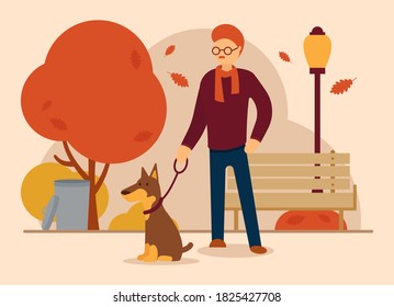 Vector autumn concept. A man in a beautiful autumn park walks his dog on a leash. Trash can, shop, lamp and trees from which leaves fall. Can be used for website and web banner.
