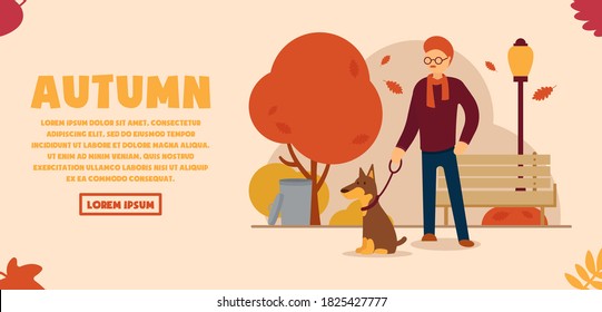 Vector autumn concept. A man in a beautiful autumn park walks his dog on a leash. Trash can, shop, lamp and trees from which leaves fall. Can be used for website and web banner.