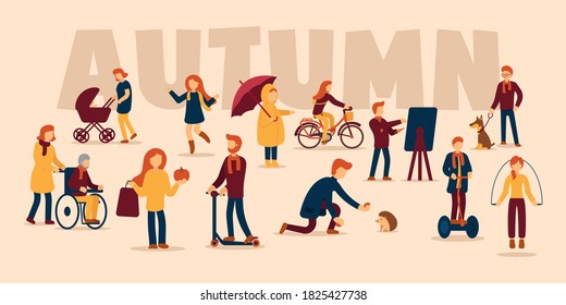 Vector autumn concept on isolated background. Autumn sports, mood inspiration. A girl rides a bicycle, a man feeds a hedgehog, a girl plays and jumps through puddles, a boy draws a picture.