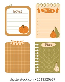 Vector autumn cozy paper notes on stickers. Cute notes for diary, weekly or daily planners, to do lists, notebooks, organizers, plans, goals. Elements for scrapbooking with pumpkins, leaves, tape.