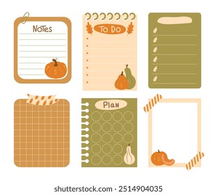 Vector autumn cozy paper notes on stickers. Cute notes for diary, weekly or daily planners, to do lists, notebooks, organizers, plans. Big set elements for scrapbooking with pumpkins, leaves, tape.