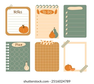 Notas de papel acogedoras de otoño de Vector en pegatinas. Lindas notas para el diario, planificadores semanales o diarios, listas de tareas, cuadernos, organizadores, Planes. Gran conjunto de Elementos para scrapbooking con calabazas, hojas, cinta.