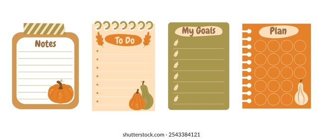 Vector autumn cozy paper notes on stickers. Daily planner element scrapbooking template. Cute notes for diary, weekly or daily planners, to do lists, notebooks, organizers, plans. 