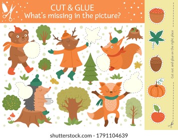 Vector autumn cut and glue activity. Fall season educational crafting game with cute forest animals. Fun activity for kids. What’s missing in the picture printable worksheet
