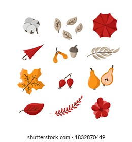 Vector autumn cute set. Hand drawn fall elements leaves, umbrella, cotton, berries and fruits. Autumn clip art for web card poster cover tag invitation sticker illustration.