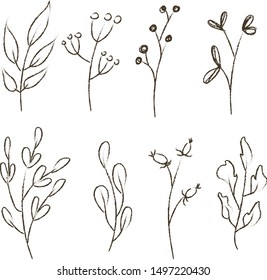 Vector autumn cute twigs set in minimalistic nordic style. Pencil outline. Drawn by hand.