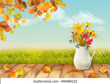 Vector autumn day natural background with floral bouquet in ceramic jug, fall leaves, textured wooden floor against blue sky