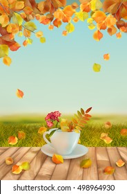 Vector autumn day natural background with cup, flowers, fall leaves, textured wooden floor against blue sky