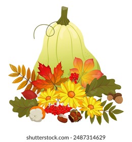 Vector autumn decorative element with pumpkin and hand-drawn flowers, leaves and fruits. Autumn, Thanksgiving, pumpkin season. Vector illustration for posters, cards and banners