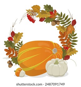 Vektorgrafik Herbst Dekorrahmen mit Kürbissen in verschiedenen Formen und Farben, helle Herbstblätter aus Eiche, Ahorn und Rowan, Eicheln und Sträuße aus hellem Rowan. Für Poster, Karten und Banner