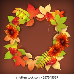 Vector autumn decorative round frame with dahlia flowers, rowan berry and maple fall leaves
