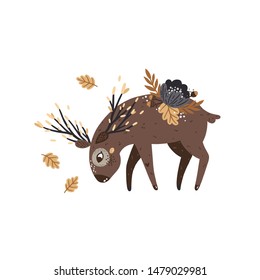 Vector autumn deer with flower and fall leaves on white background. Forest animal, children illustration for woodland nursery