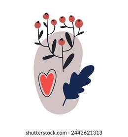 Diseño otoñal en estilo plano, elementos naturales de otoño. Setas dibujadas a mano, 
physalis, hojas y bayas clipart. Ilustración aislada del vector en el fondo blanco para las postales, los textiles, los sitios web