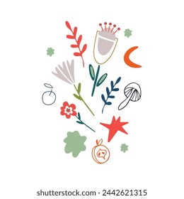 Vector autumn design in doodle style. Flat illustration with decorative apple, vegetable and floral. Design for celebrating autumn holidays 