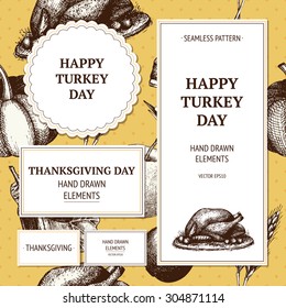 Vector autumn design with ink hand drawn thanksgiving day illustration. Harvest vintage background with traditional autumn fruits and vegetables isolated on orange