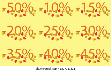 Vector autumn discounts, numbers with leaves.