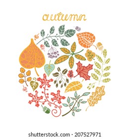 Vector autumn doodle composition circle.Colorful  leaf, branches,berries,acorn.Autumn design template. Hand write description "Autumn".Thanksgiving day.For design template,web page background .Vector
