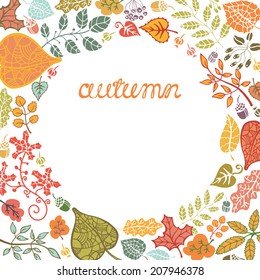 Vector autumn doodle composition.Colorful  Leaves, branches,berries,acorn