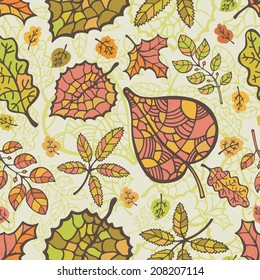Vector autumn doodle seamless pattern.Decorative colorful leaves and  branches.Autumn design template. Use for pattern, wallpaper, web page , backdrop, wrapping paper, fabric , background .Vector