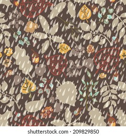 Vector autumn doodle seamless pattern.Silhouette leaves,acorn,branches on rain  background . Use for pattern, wallpaper, web page , backdrop, wrapping paper, fabric , background .Vector