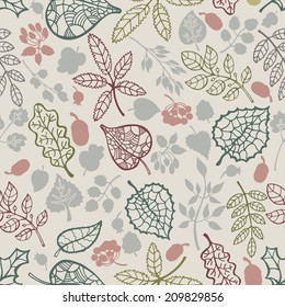 Vector autumn doodle seamless pattern.Silhouette and outline of  leaves, branches,acorn in cool colors. Use for pattern, wallpaper, web page , backdrop, wrapping paper, fabric , background .Vector
